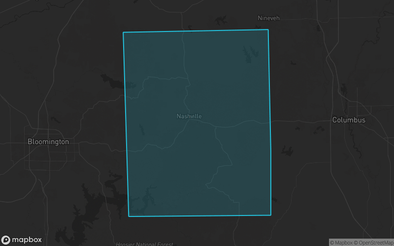 Map of Brown County, Indiana showing the county boundary and surrounding cities