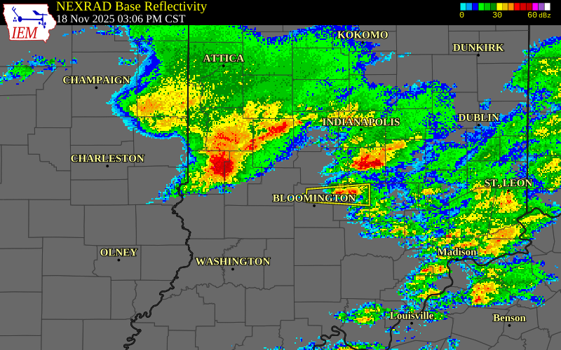 NEXRAD radar during the Tuesday, November 18, 2025 storm activity in Brown County, Indiana
