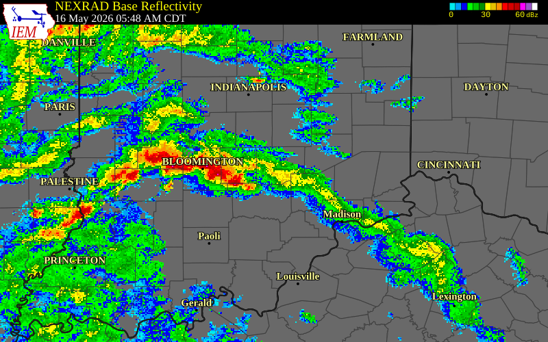 NEXRAD radar during the Saturday, May 16, 2026 storm activity in Brown County, Indiana