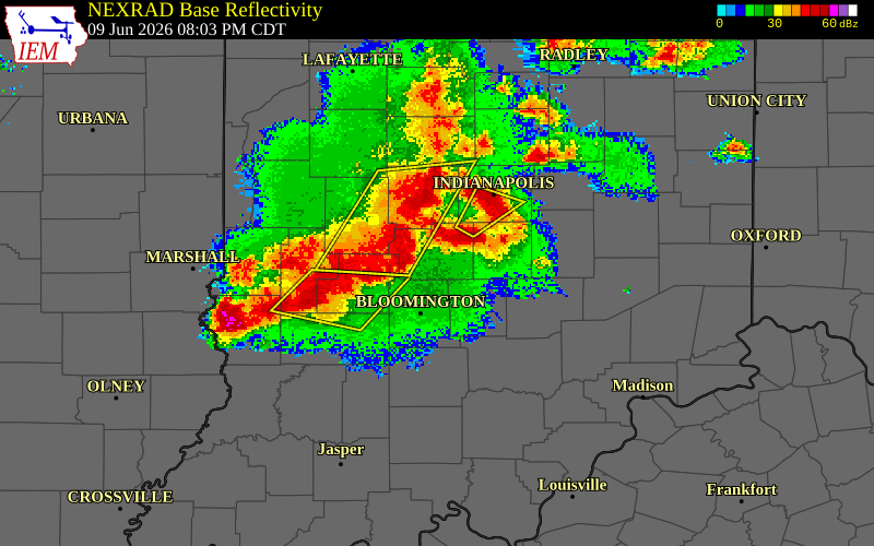 NEXRAD radar during the Tuesday, June 9, 2026 storm activity in Brown County, Indiana