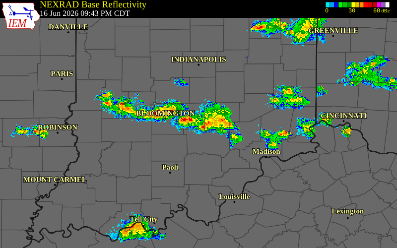 NEXRAD radar during the Tuesday, June 16, 2026 storm activity in Brown County, Indiana