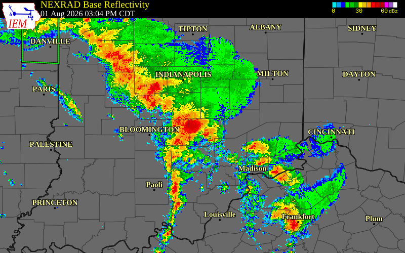 NEXRAD radar during the Saturday, August 1, 2026 storm activity in Brown County, Indiana