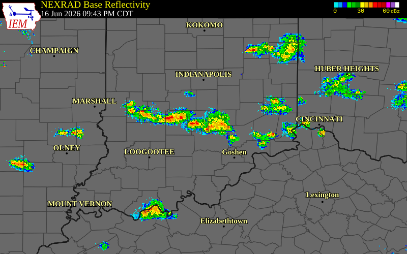 Radar snapshot during the Jun 16, 2026 tornado event near 2 SSE Stone Head, Brown County, Indiana, with NWS warning polygons