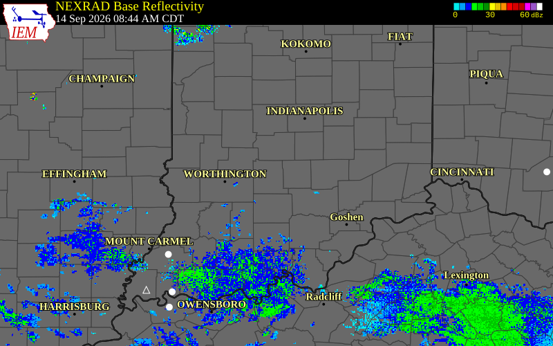 Current NEXRAD radar over Brown County, Indiana with recent storm report locations