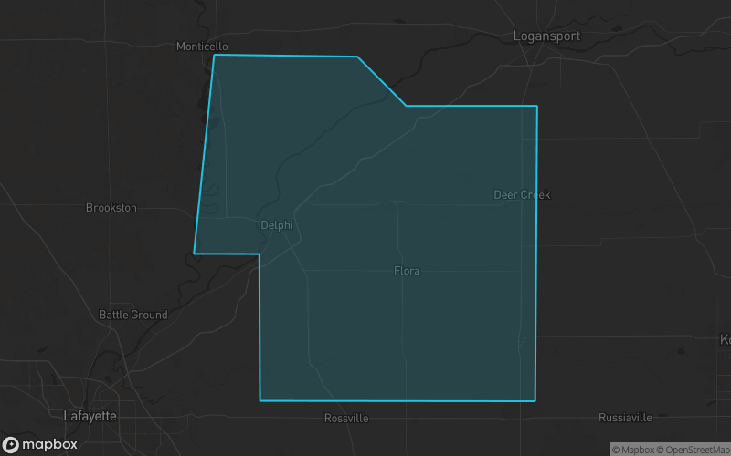 Map of Carroll County, Indiana showing the county boundary and surrounding cities