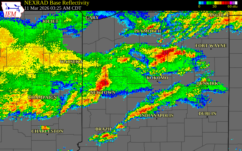 NEXRAD radar during the Wednesday, March 11, 2026 storm activity in Carroll County, Indiana