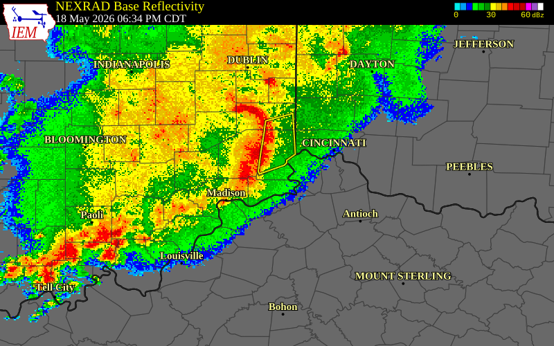 NEXRAD radar during the Monday, May 18, 2026 storm activity in Carroll County, Indiana