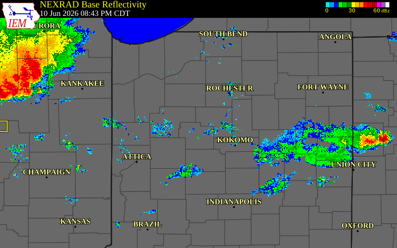NEXRAD radar during the Wednesday, June 10, 2026 storm activity in Carroll County, Indiana