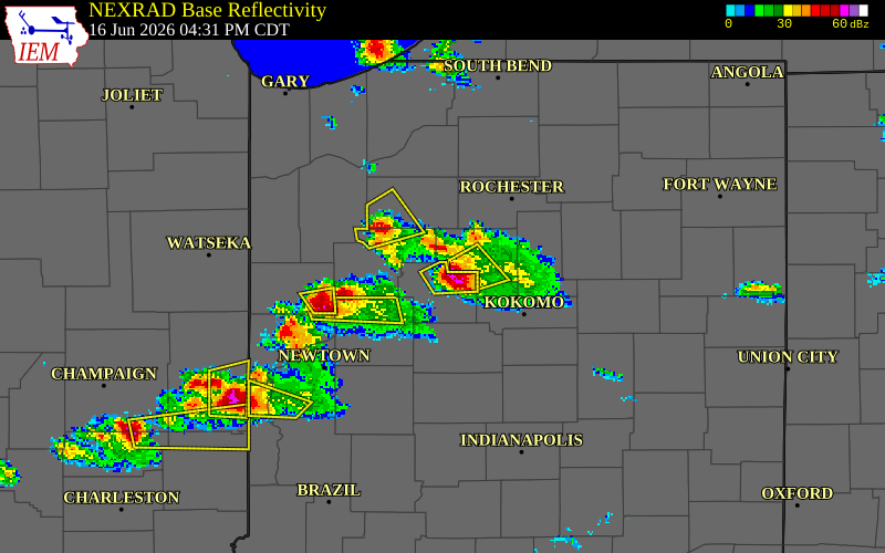 NEXRAD radar during the Tuesday, June 16, 2026 storm activity in Carroll County, Indiana