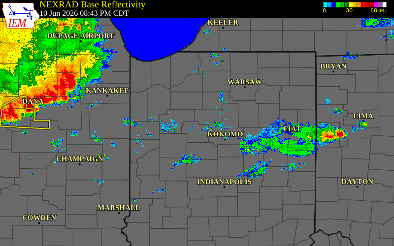 Radar snapshot during the Jun 10, 2026 tornado event near 4 NW Burrows, Carroll County, Indiana, with NWS warning polygons