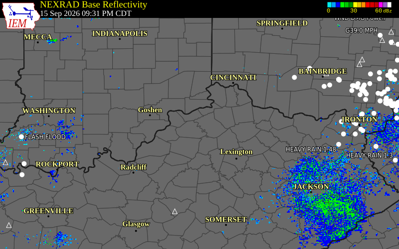 Current NEXRAD radar over Carroll County, Indiana with recent storm report locations