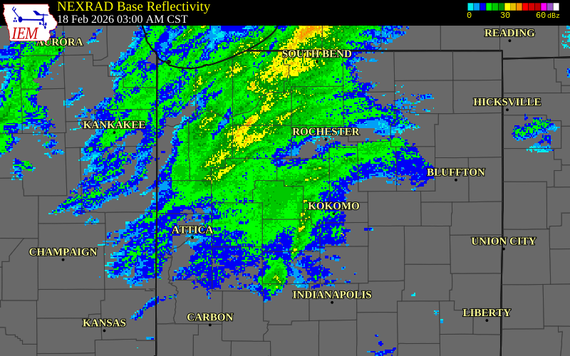 NEXRAD radar during the Wednesday, February 18, 2026 storm activity in Cass County, Indiana