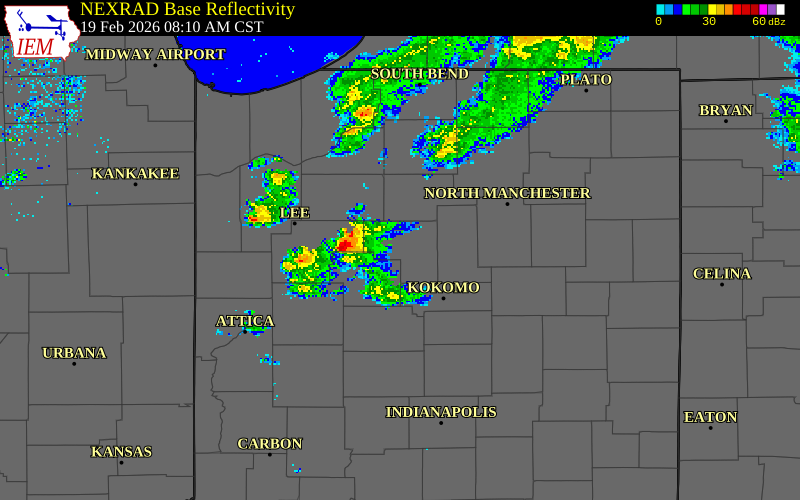 NEXRAD radar during the Thursday, February 19, 2026 storm activity in Cass County, Indiana
