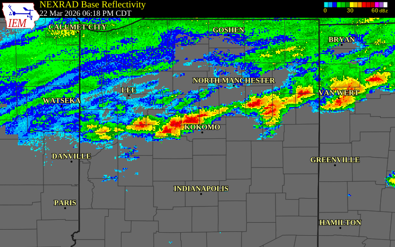 NEXRAD radar during the Sunday, March 22, 2026 storm activity in Cass County, Indiana