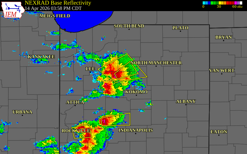 NEXRAD radar during the Tuesday, April 14, 2026 storm activity in Cass County, Indiana