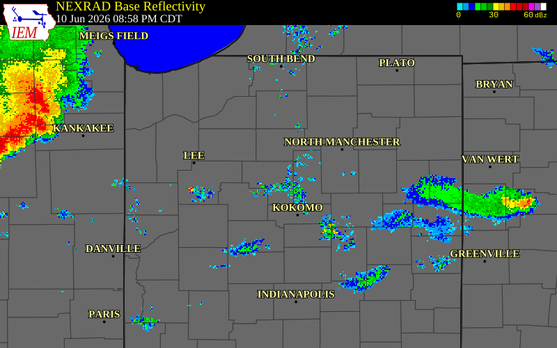 NEXRAD radar during the Wednesday, June 10, 2026 storm activity in Cass County, Indiana