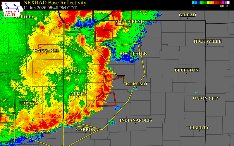 NEXRAD radar during the Thursday, June 11, 2026 storm activity in Cass County, Indiana