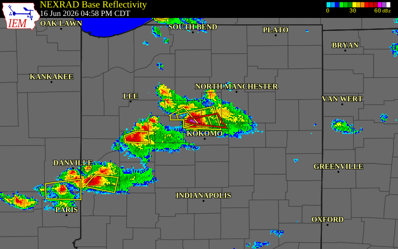 NEXRAD radar during the Tuesday, June 16, 2026 storm activity in Cass County, Indiana
