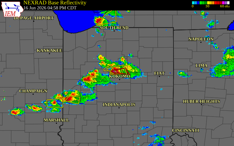 Radar snapshot during the Jun 16, 2026 tornado event near 2 N Lincoln, Cass County, Indiana, with NWS warning polygons