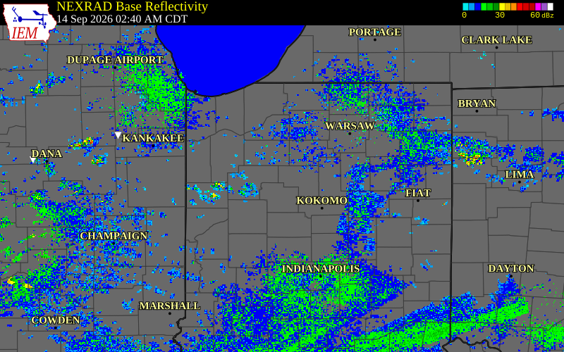 Current NEXRAD radar over Cass County, Indiana with recent storm report locations