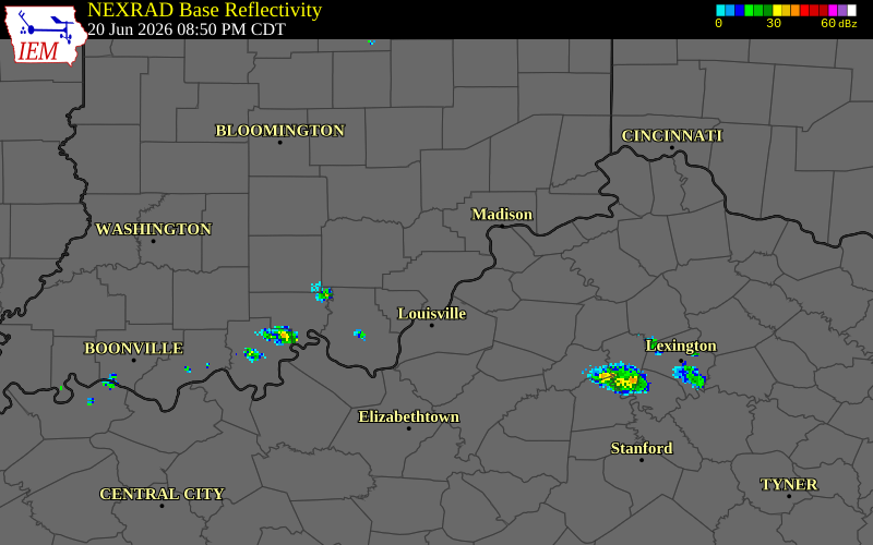 NEXRAD radar during the Saturday, June 20, 2026 storm activity in Clark County, Indiana