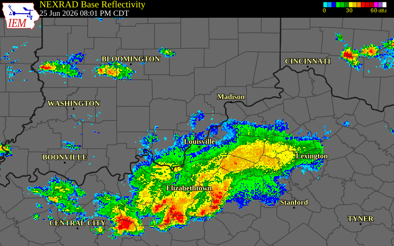 NEXRAD radar during the Thursday, June 25, 2026 storm activity in Clark County, Indiana