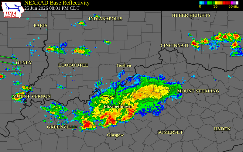 Radar snapshot during the Jun 25, 2026 tornado event near 1 N Memphis, Clark County, Indiana, with NWS warning polygons