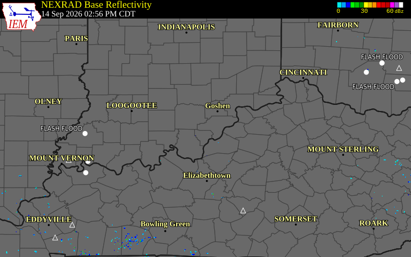Current NEXRAD radar over Clark County, Indiana with recent storm report locations