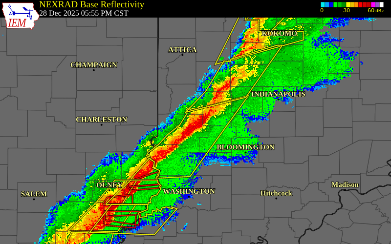 NEXRAD radar during the Sunday, December 28, 2025 storm activity in Clay County, Indiana