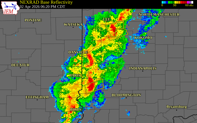 NEXRAD radar during the Thursday, April 2, 2026 storm activity in Clay County, Indiana