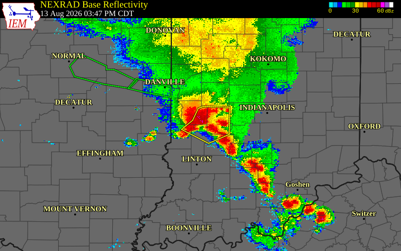 Radar snapshot during the Dec 28, 2025 wind event near 1 W Knightsville, Clay County, Indiana, with NWS warning polygons