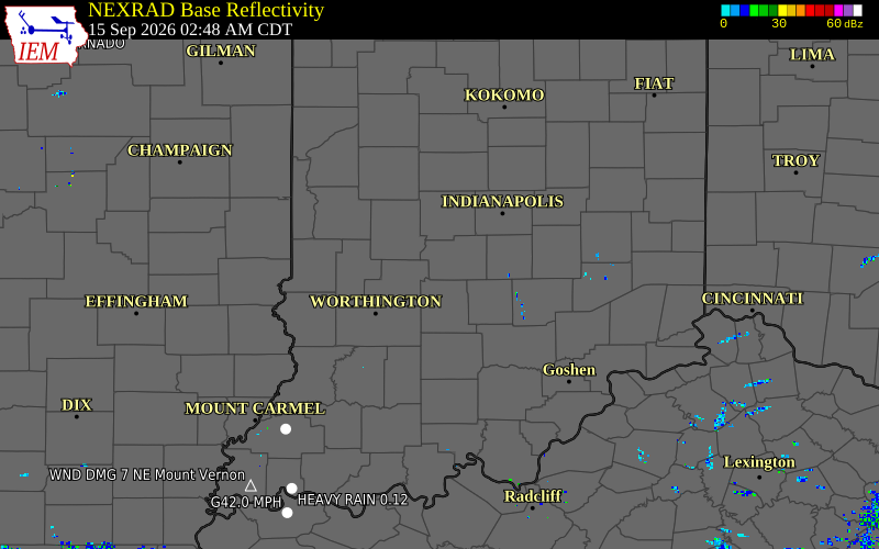 Current NEXRAD radar over Clay County, Indiana with recent storm report locations
