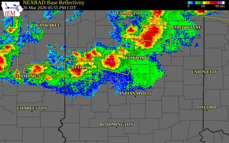 NEXRAD radar during the Thursday, March 26, 2026 storm activity in Clinton County, Indiana
