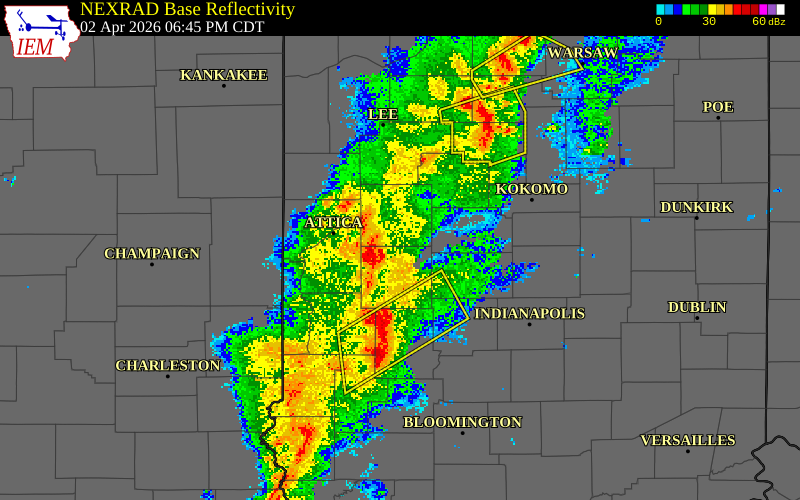 NEXRAD radar during the Thursday, April 2, 2026 storm activity in Clinton County, Indiana