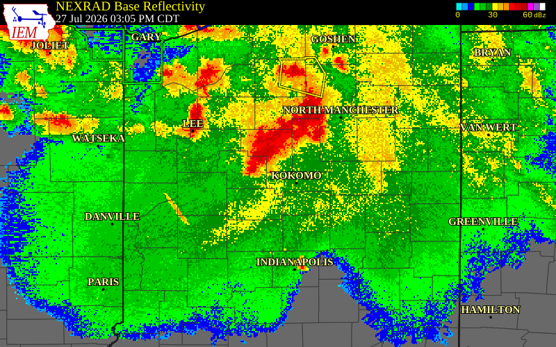 NEXRAD radar during the Monday, July 27, 2026 storm activity in Clinton County, Indiana