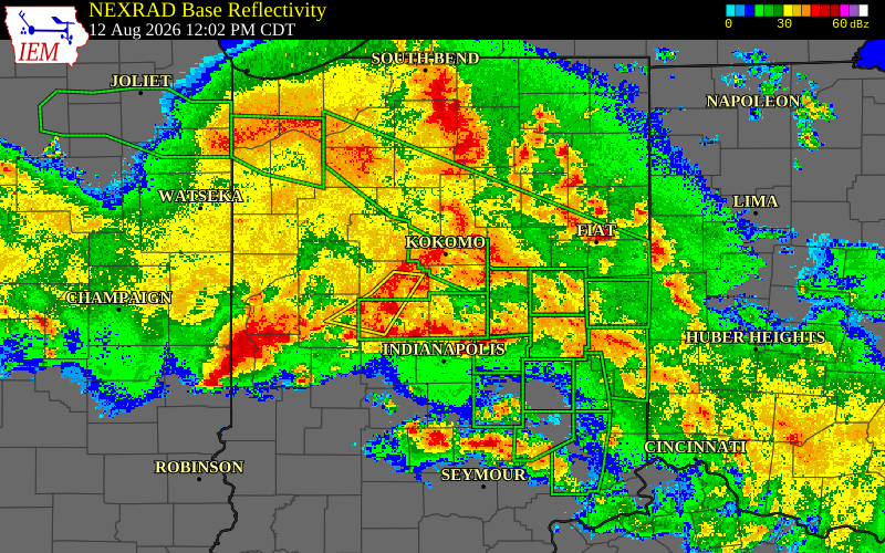Radar snapshot during the Aug 12, 2026 wind event near Clinton County, Clinton County, Indiana, with NWS warning polygons