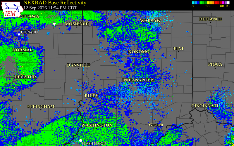 Current NEXRAD radar over Clinton County, Indiana with recent storm report locations
