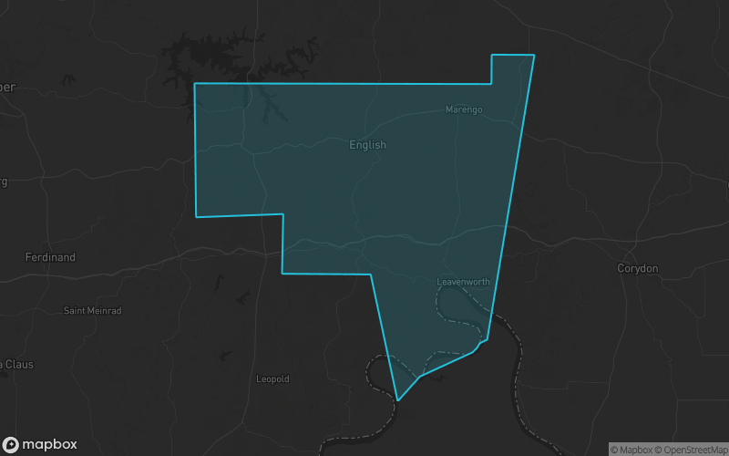 Map of Crawford County, Indiana showing the county boundary and surrounding cities