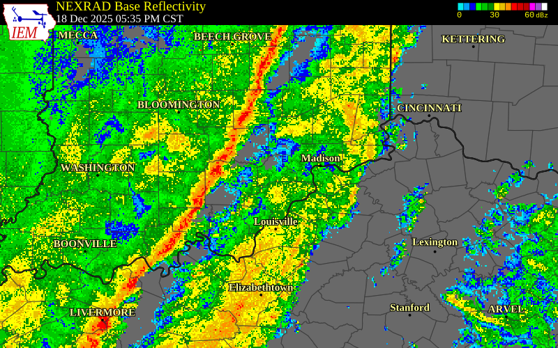 NEXRAD radar during the Thursday, December 18, 2025 storm activity in Crawford County, Indiana