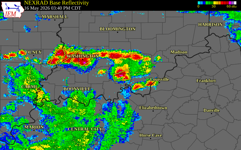 NEXRAD radar during the Saturday, May 16, 2026 storm activity in Crawford County, Indiana