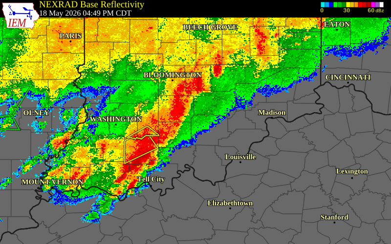 NEXRAD radar during the Monday, May 18, 2026 storm activity in Crawford County, Indiana