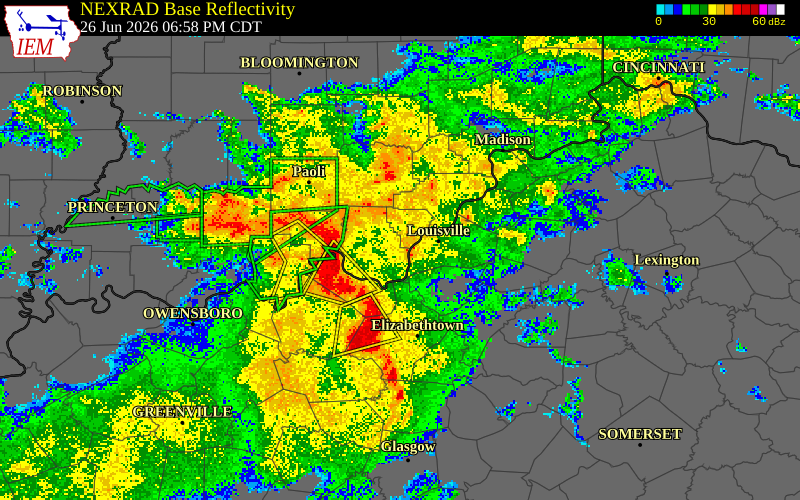 NEXRAD radar during the Friday, June 26, 2026 storm activity in Crawford County, Indiana