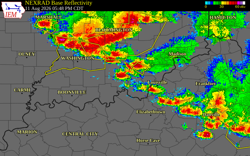 NEXRAD radar during the Tuesday, August 11, 2026 storm activity in Crawford County, Indiana