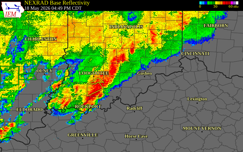 Radar snapshot during the Aug 11, 2026 hail event near Crawford County, Crawford County, Indiana, with NWS warning polygons