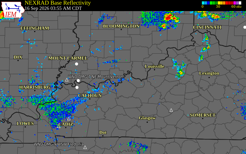 Current NEXRAD radar over Crawford County, Indiana with recent storm report locations