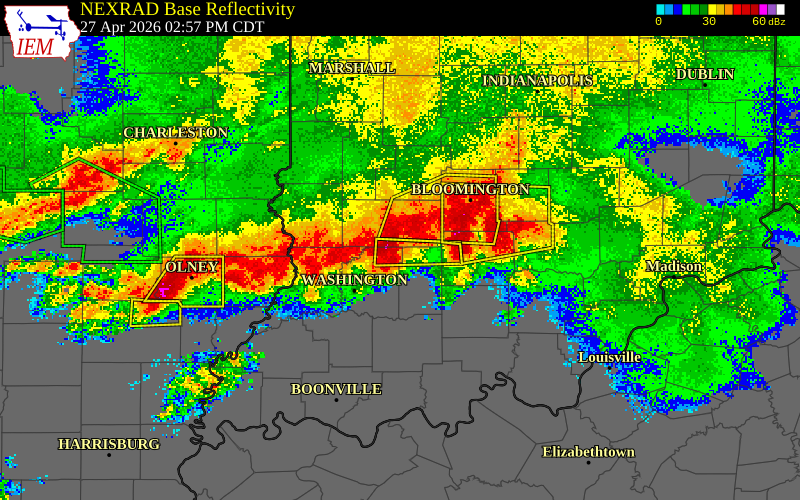 NEXRAD radar during the Monday, April 27, 2026 storm activity in Daviess County, Indiana