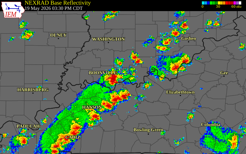 NEXRAD radar during the Tuesday, May 19, 2026 storm activity in Daviess County, Indiana