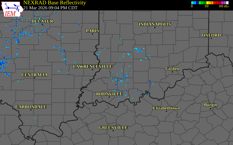 Radar snapshot during the Mar 21, 2026 hail event near 3 W Montgomery, Daviess County, Indiana, with NWS warning polygons