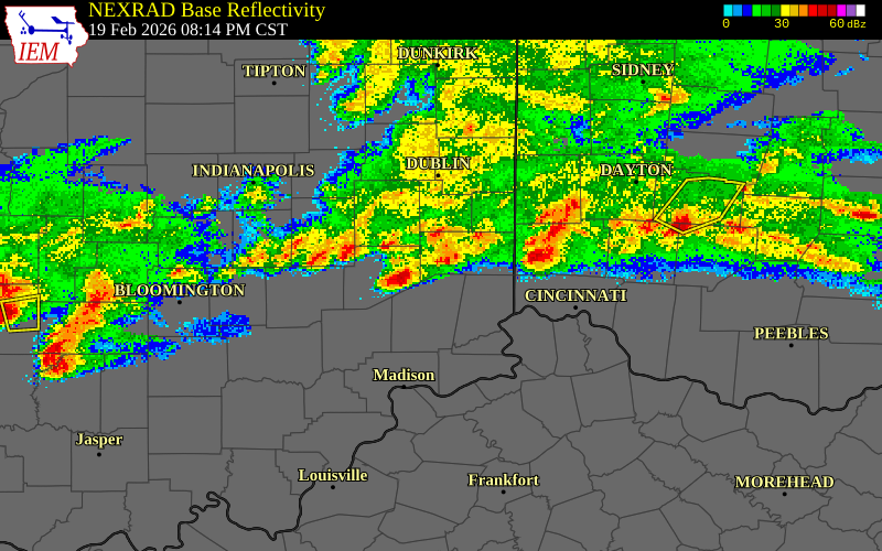 NEXRAD radar during the Thursday, February 19, 2026 storm activity in Dearborn County, Indiana