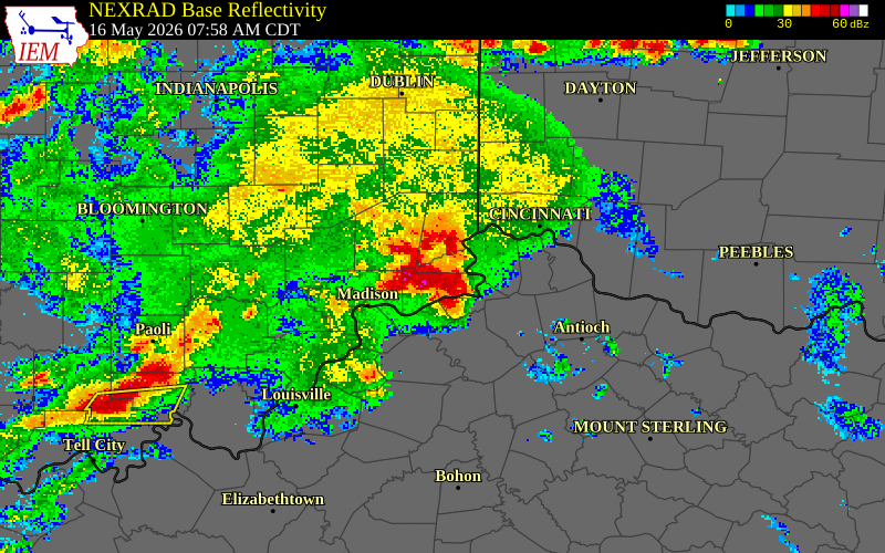 NEXRAD radar during the Saturday, May 16, 2026 storm activity in Dearborn County, Indiana